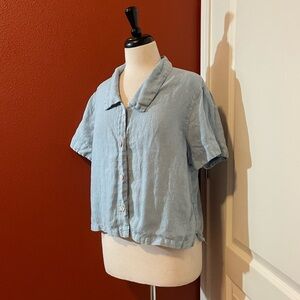 Cut Loose Women’s 100% Linen Blue Baby Doll Button Up‎ Boxy Blouse Coastal Shirt